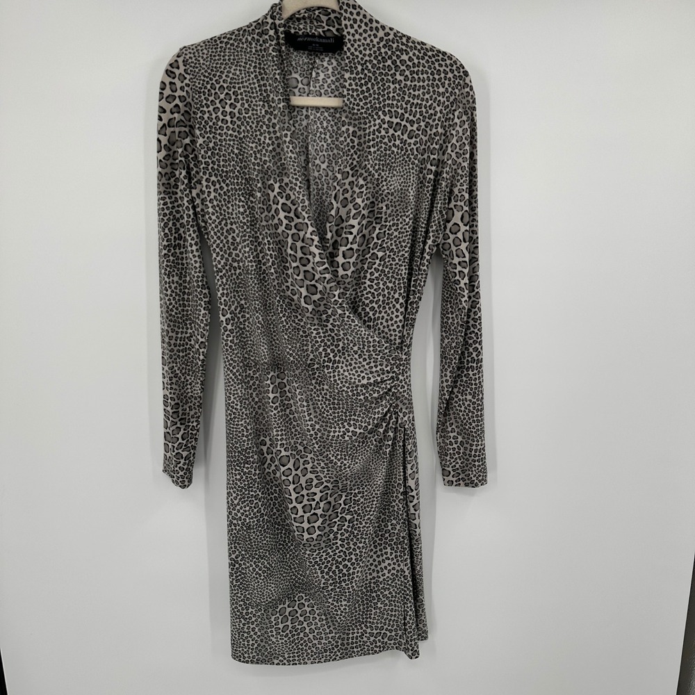 Norma Kamali‎ Leopard Animal Print Faux Wrap Ruched Midi Chic Dress Medium